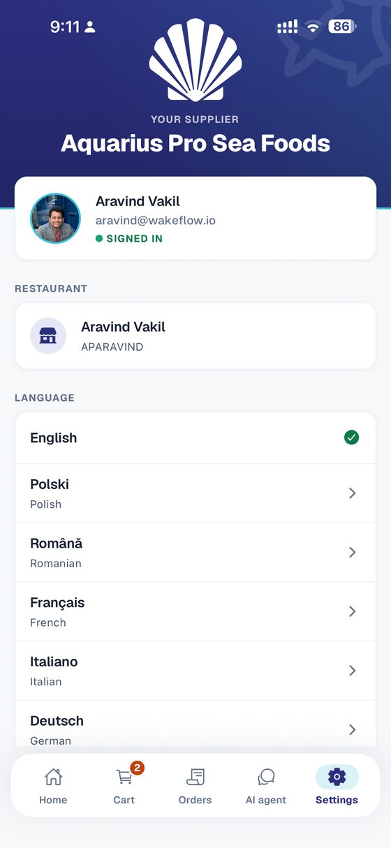 Your supplier, your restaurant, your language — set in Settings