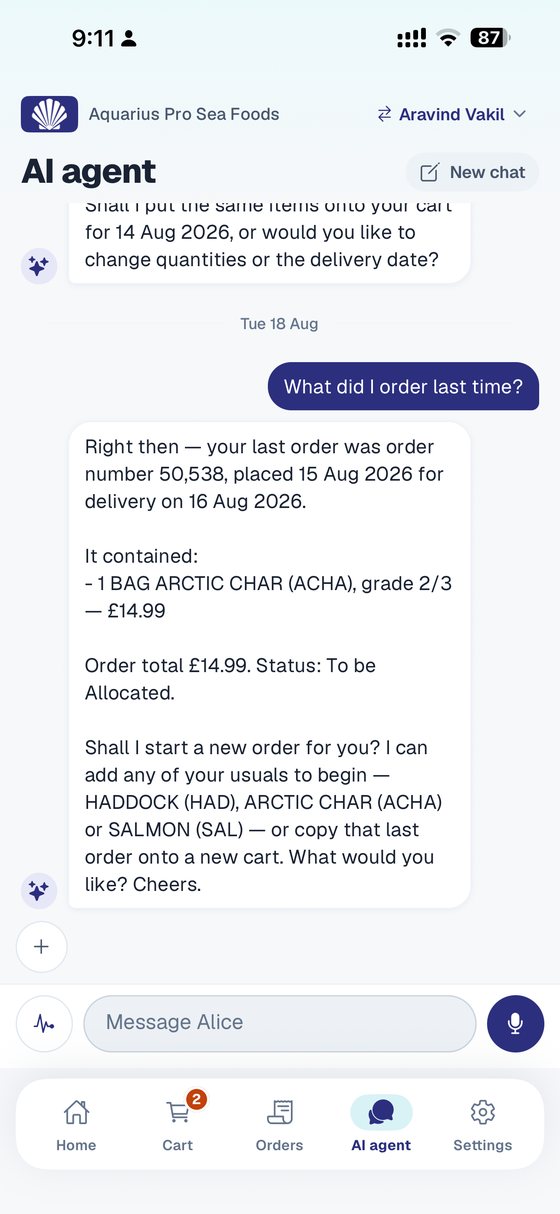 Ask Alice — your last order, read back with prices