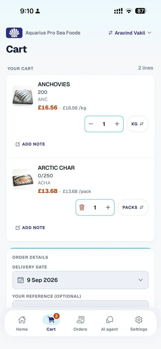 Commande au poids ou au colis, avec une note sur chaque ligne