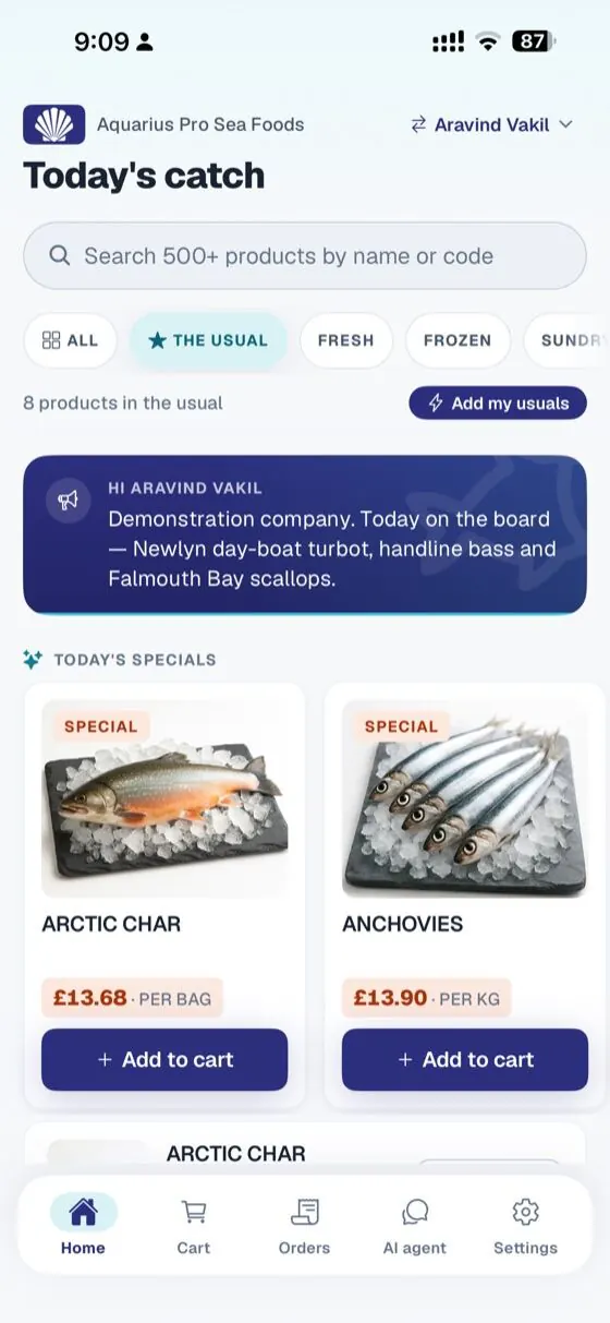 The Hooked ordering app showing today's catch and specials