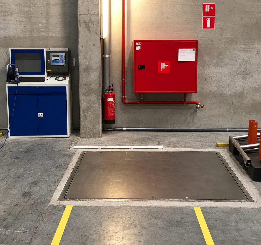 A floor scale set into a factory floor, with its weighing terminal beside it
